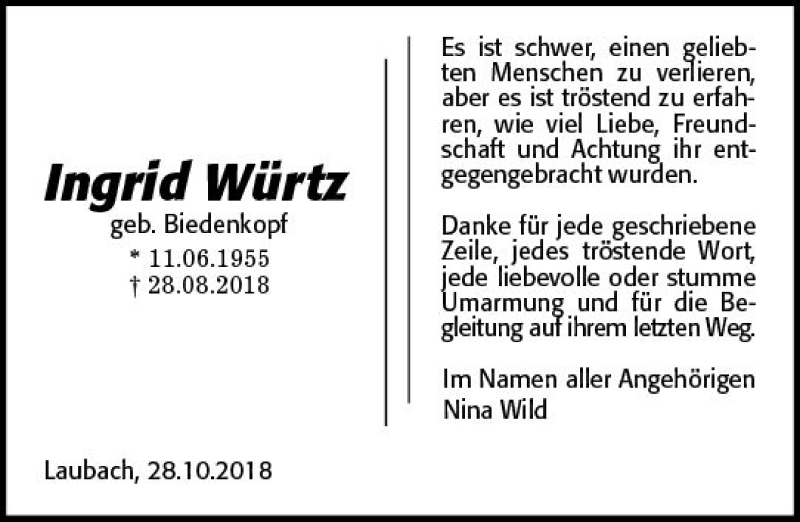  Traueranzeige für Ingrid Würtz vom 01.11.2018 aus  Gießener Anzeiger