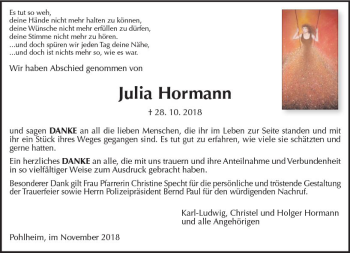 Traueranzeige von Julia Hormann von  Gießener Anzeiger
