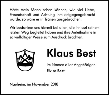Traueranzeige von Klaus Best von vrm-trauer