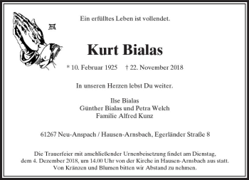 Traueranzeige von Kurt Bialas von  Usinger Anzeiger