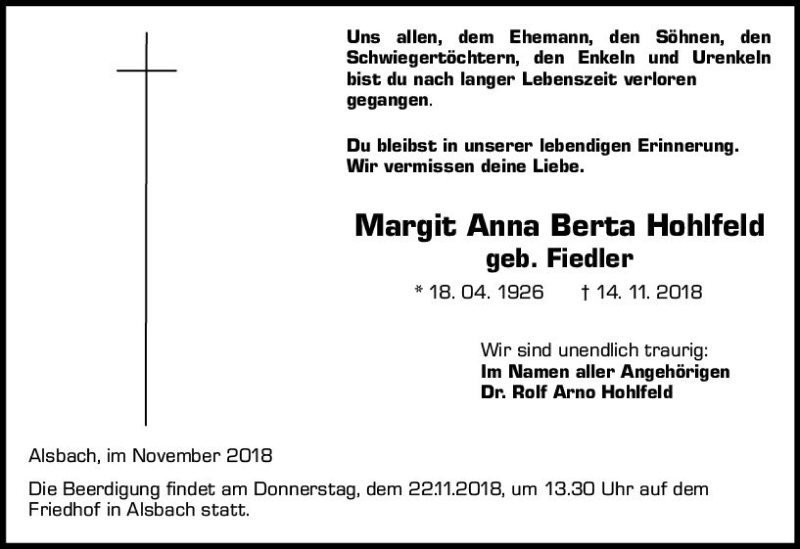  Traueranzeige für Margit Anna Berta Hohlfeld vom 17.11.2018 aus vrm-trauer