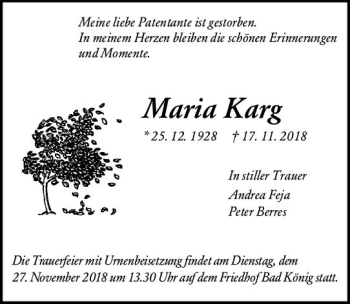 Traueranzeige von Maria Karg von vrm-trauer