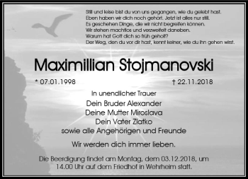 Traueranzeige von Maximillian Stojmanovski von  Usinger Anzeiger