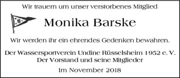 Traueranzeige von Monika Barske von vrm-trauer