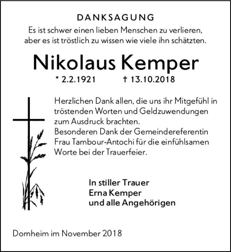  Traueranzeige für Nikolaus Kemper vom 10.11.2018 aus vrm-trauer