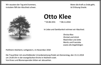 Traueranzeige von Otto Klee von  Gießener Anzeiger