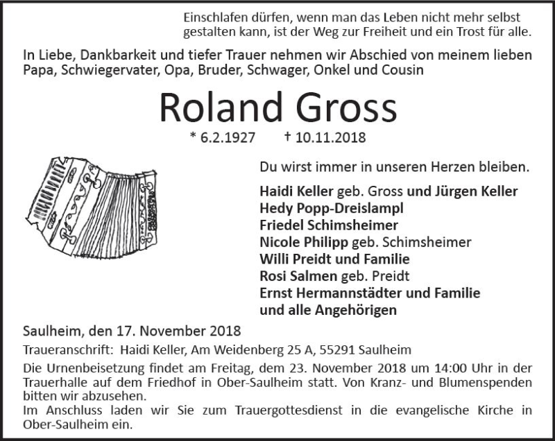  Traueranzeige für Roland Gross vom 17.11.2018 aus vrm-trauer