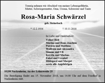 Traueranzeige von Rosa-Maria Schwärzel von vrm-trauer