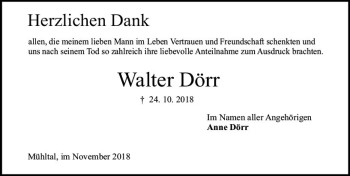 Traueranzeige von Walter Dörr von vrm-trauer