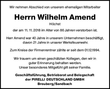 Traueranzeige von Wilhelm Amend von vrm-trauer