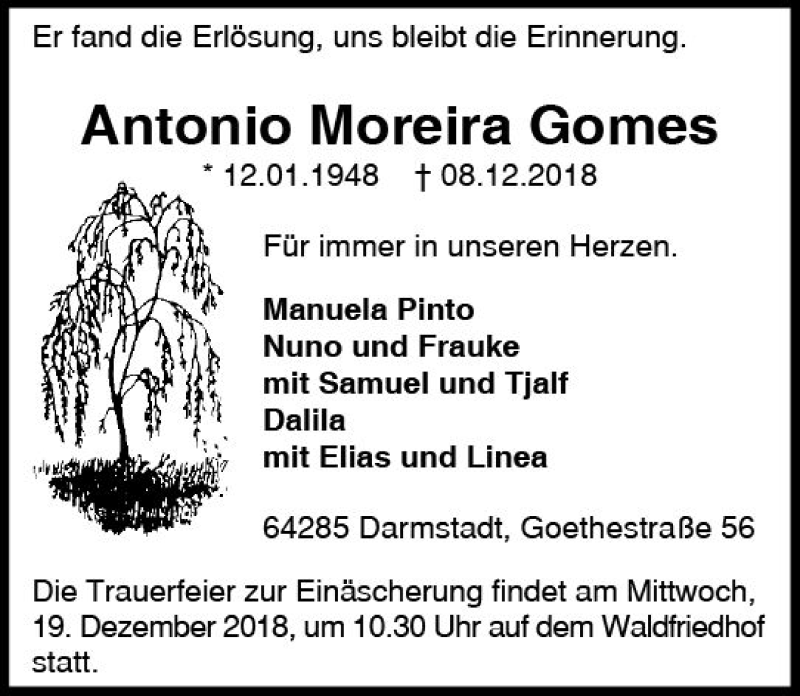  Traueranzeige für Antonio Moreira Gomes vom 15.12.2018 aus vrm-trauer