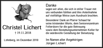 Traueranzeige von Christel Lichert von  WT - Weilburger Tageblatt ()