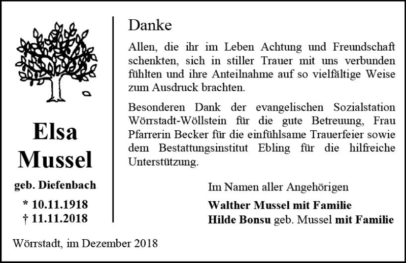  Traueranzeige für Elsa Mussel vom 15.12.2018 aus vrm-trauer