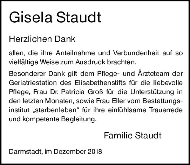  Traueranzeige für Gisela Staudt vom 08.12.2018 aus vrm-trauer