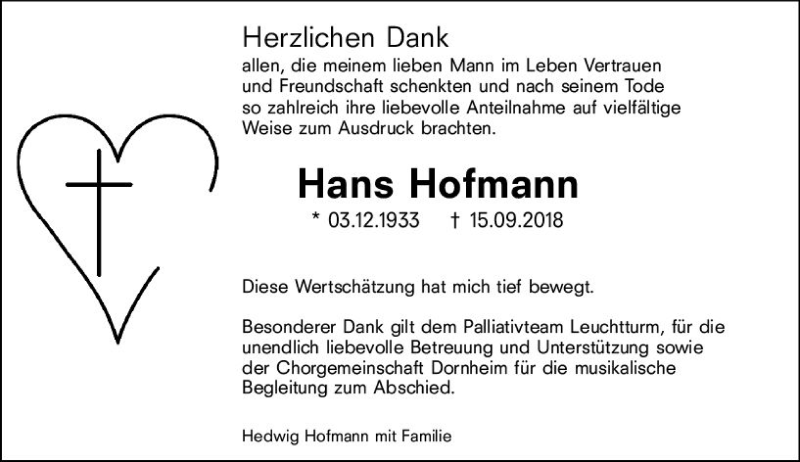  Traueranzeige für Hans Hofmann vom 31.12.2018 aus vrm-trauer