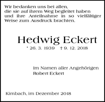 Traueranzeige von Hedwig Eckert von vrm-trauer