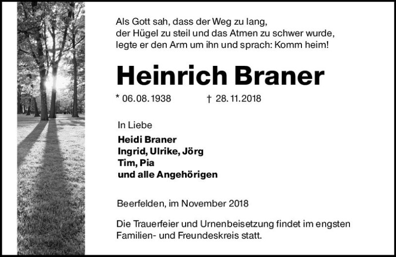  Traueranzeige für Heinrich Braner vom 07.12.2018 aus vrm-trauer