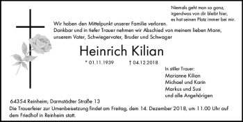 Traueranzeige von Heinrich Kilian von vrm-trauer
