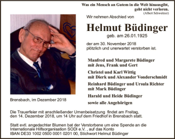 Traueranzeige von Helmut Büdinger von vrm-trauer