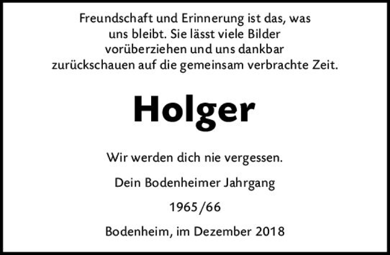  Traueranzeige für Holger  vom 15.12.2018 aus vrm-trauer
