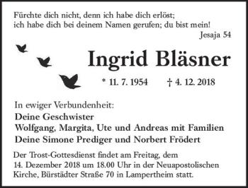 Traueranzeige von Ingrid Bläsner von vrm-trauer