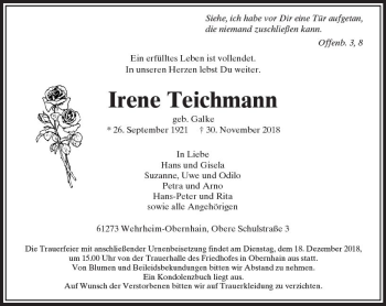 Traueranzeige von Irene Teichmann von  Usinger Anzeiger