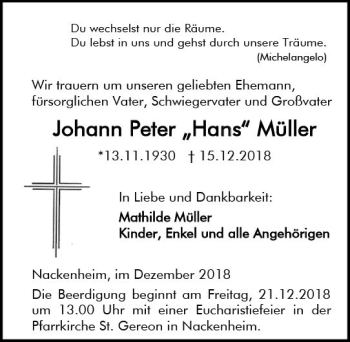 Traueranzeige von Johann Peter Müller von vrm-trauer