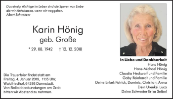 Traueranzeige von Karin Hönig von vrm-trauer