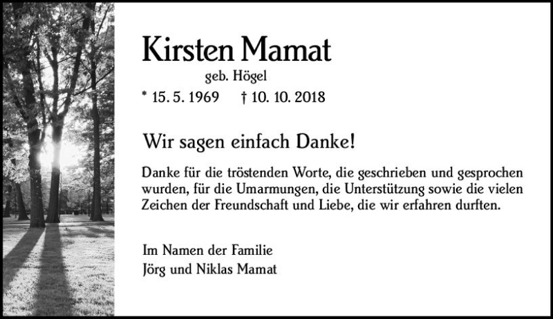  Traueranzeige für Kirsten Mamat vom 15.12.2018 aus vrm-trauer