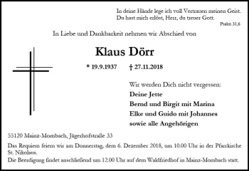 Traueranzeige von Klaus Dörr von vrm-trauer
