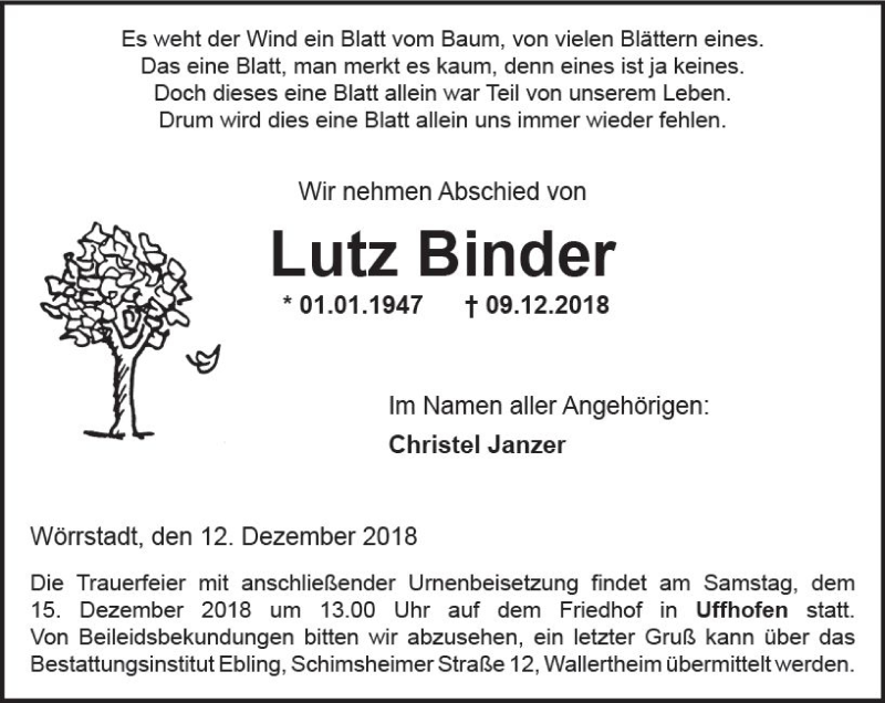 Traueranzeige für Lutz Binder vom 12.12.2018 aus vrm-trauer