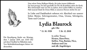 Traueranzeige von Lydia Blaurock von vrm-trauer
