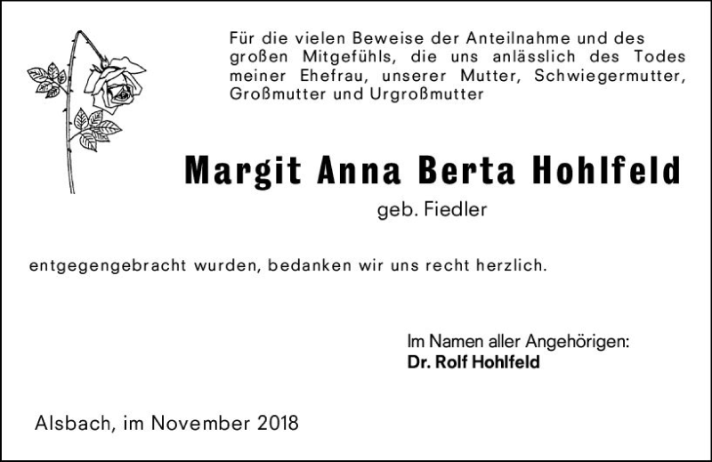  Traueranzeige für Margit Anna Berta Hohlfeld vom 01.12.2018 aus vrm-trauer