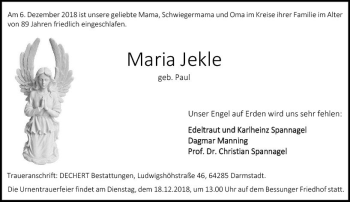 Traueranzeige von Maria Jekle von vrm-trauer