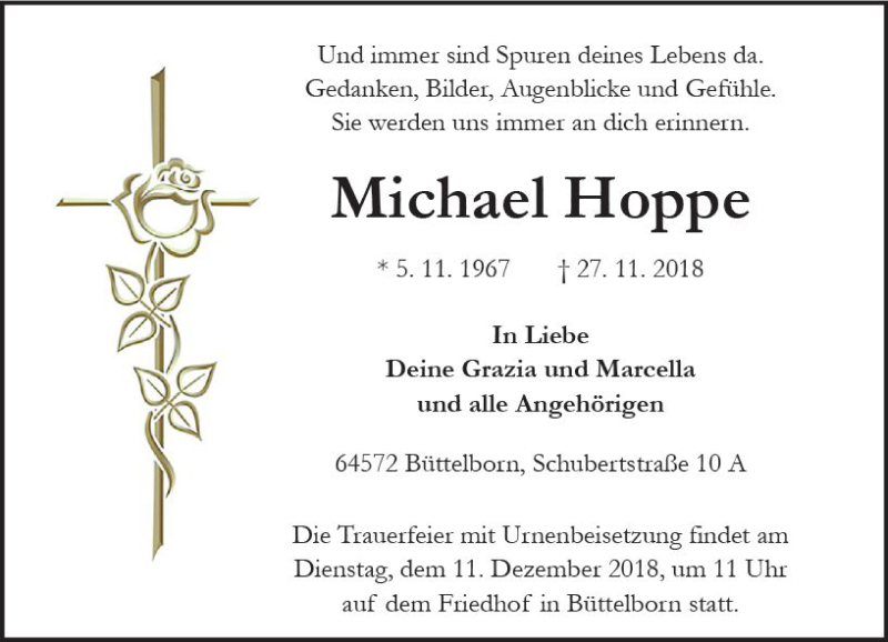  Traueranzeige für Michael Hoppe vom 01.12.2018 aus vrm-trauer