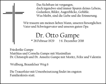 Traueranzeige von Otto Gampe von  WT - Weilburger Tageblatt ()