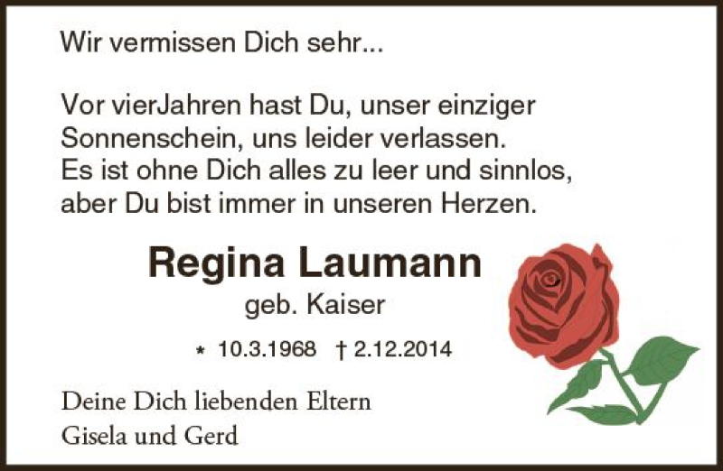  Traueranzeige für Regina Laumann vom 01.12.2018 aus vrm-trauer