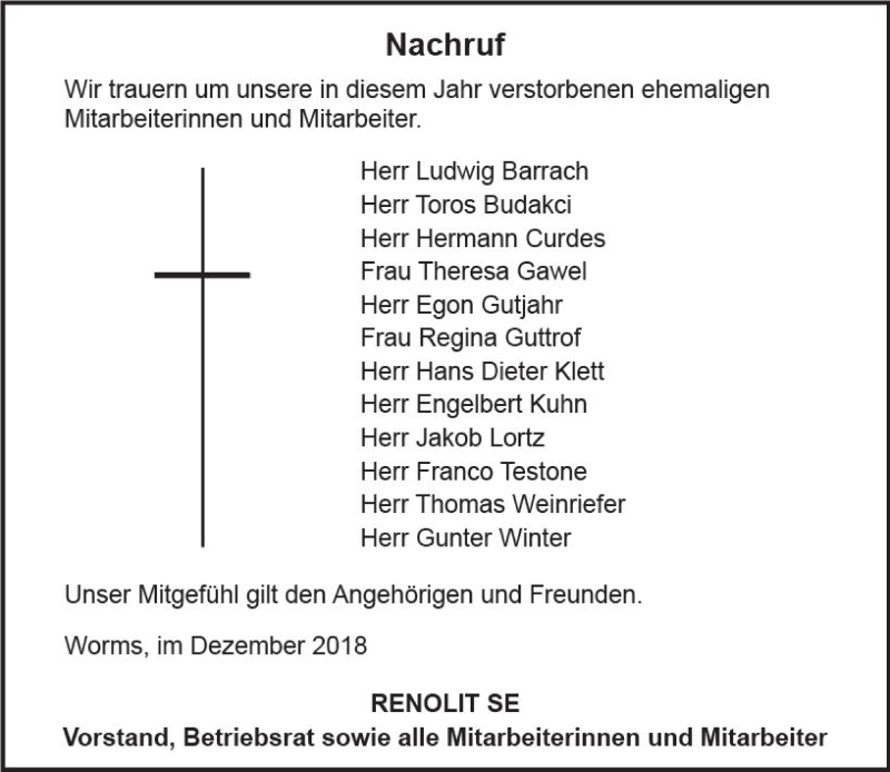  Traueranzeige für Renolit SE trauert um vom 15.12.2018 aus vrm-trauer