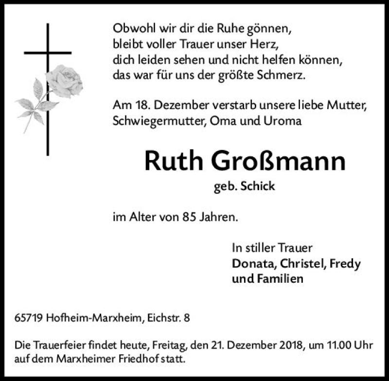 Traueranzeige für Ruth Großmann vom 21.12.2018 aus vrm-trauer