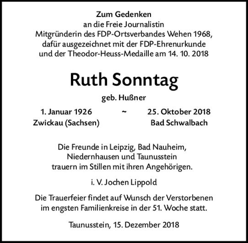  Traueranzeige für Ruth Sonntag vom 15.12.2018 aus vrm-trauer