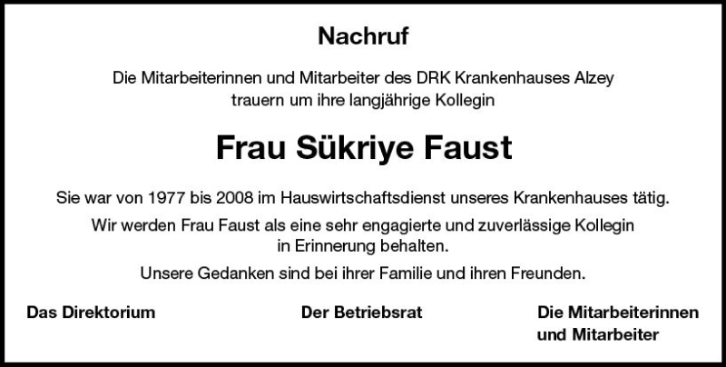  Traueranzeige für Sükriye Faust vom 22.12.2018 aus vrm-trauer