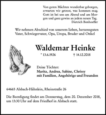 Traueranzeige von Waldemar Heinke von vrm-trauer
