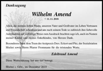 Traueranzeige von Wilhelm Amend von vrm-trauer