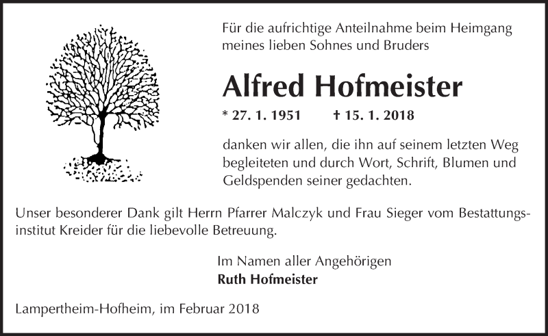  Traueranzeige für Alfred Hofmeister vom 10.02.2018 aus Trauerportal Rhein Main Presse