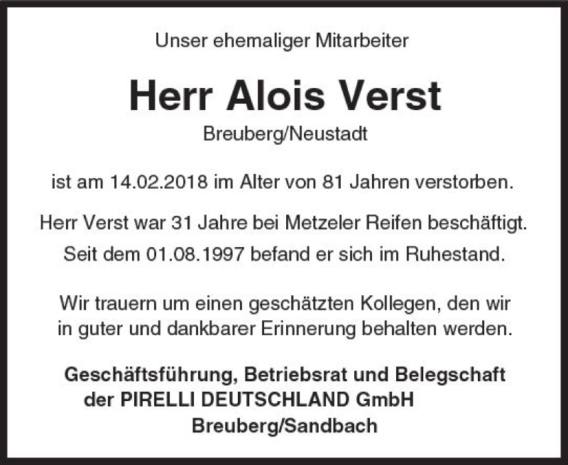  Traueranzeige für Alois Verst vom 23.02.2018 aus Trauerportal Rhein Main Presse