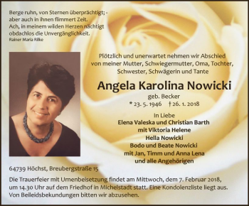 Traueranzeige von Angela Karolina Nowicki von Trauerportal Rhein Main Presse