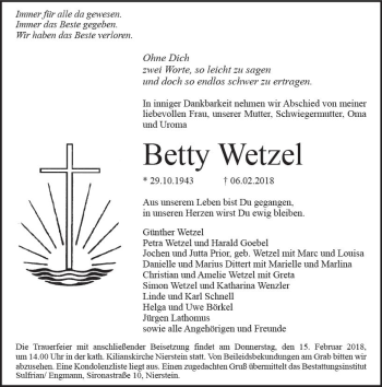 Traueranzeige von Betty Wetzel von Trauerportal Rhein Main Presse