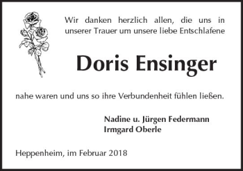 Traueranzeige von Doris Ensinger von Trauerportal Rhein Main Presse