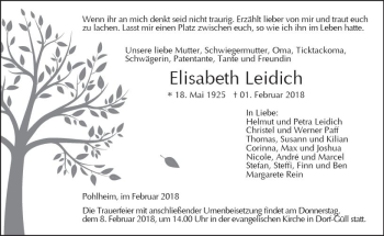 Traueranzeige von Elisabeth Leidich von  Gießener Anzeiger