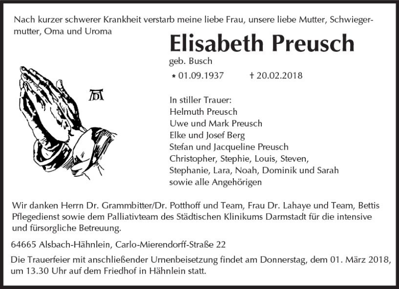  Traueranzeige für Elisabeth Preusch vom 24.02.2018 aus Trauerportal Rhein Main Presse